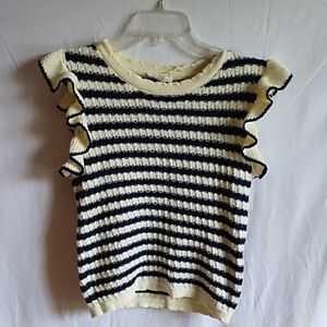 Blu Pepper blue and cream striped top with ruffle sleeves size L